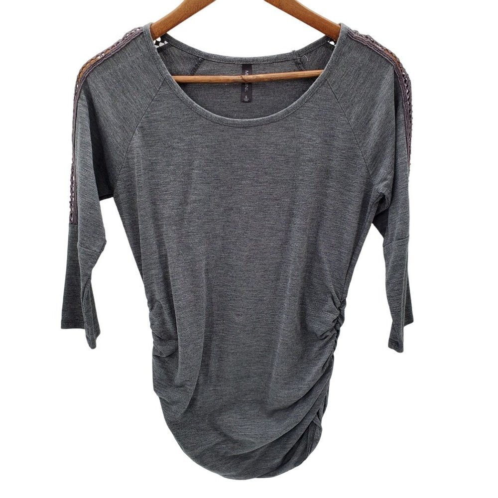 Massini Womens Embroidered 3/4 Sleeve Gray Ruched Blouse Top Sz S Scoop Neck